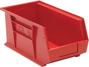 Quantum Storage QUS240RD Heavy-Duty Stackable Plastic Storage Bins for Workshop, Warehouse & Garage, Ultra Stack & Hang, 15" x 9" x 7", Red, 12-Pack
