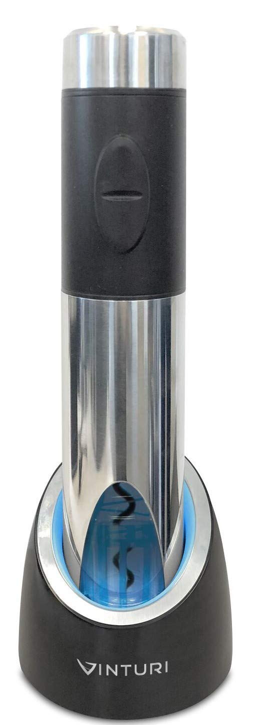 Electric Rechargeable Wine Opener with Base and Foil Cutter by Vinturi – Rechargeable, Plastic, Silver, Model V9046