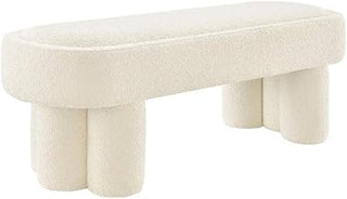 Modway Mossi 52-Inch Modern Oval Boucle Fabric Bench in Cream – Upholstered Accent Bench with Cylindrical Clover-Leg Base for Bedroom, Entryway, or Living Room