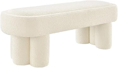 Modway Mossi 52-Inch Modern Oval Boucle Fabric Bench in Cream – Upholstered Accent Bench with Cylindrical Clover-Leg Base for Bedroom, Entryway, or Living Room