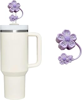 Purple Silicone Straw Topper for Stanley 30&40 Oz,Cherry Blossoms Straw Cover Cap,Splash Proof Straw Topper,Reusable Straw Cap Cover,10mm Drinking Straw Tip Covers for Stanley