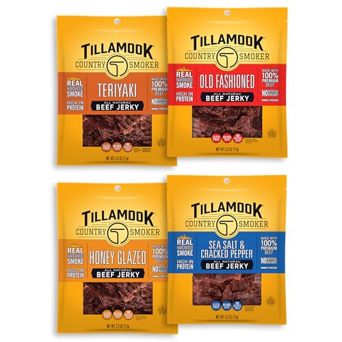 TILLAMOOK COUNTRY SMOKER Variety Pack / 2.5 Ounce (Pack of 4) / 4 Pack (Old Fashioned, Teriyaki, Sea Salt & Pepper, Honey Gla Jerky