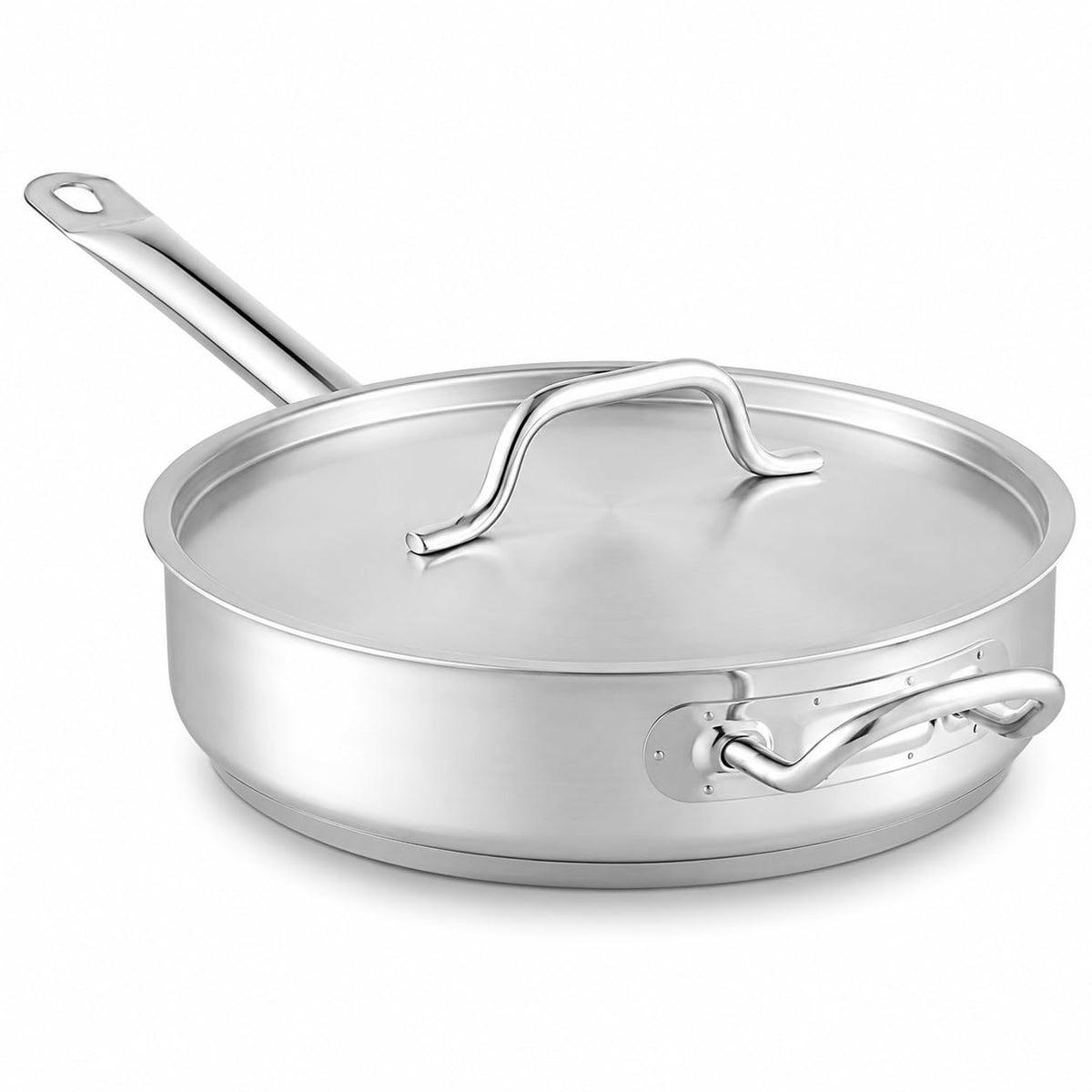 Glownary SS1 Series 5 Qt Stainless Steel Saute Pan with Lid – Helper Handle, Aluminum-Clad Bottom, NSF Listed, Induction Ready, 12.5-Inch Diameter, Silver