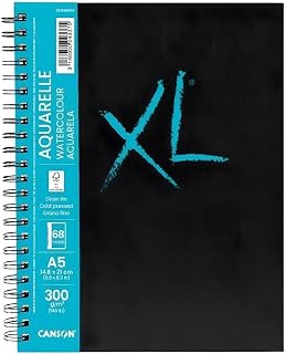 Canson XL Watercolour 300gsm A5 Cold Pressed Paper, Spiral Pad Long Side, 34 Sheets, Ideal for Professional Artists & Students