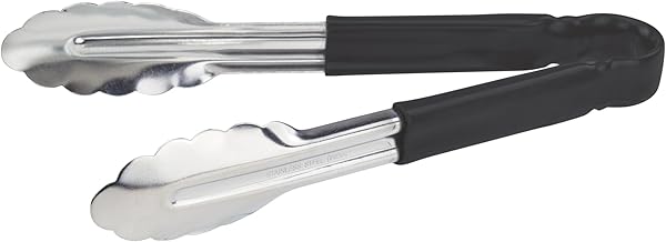 Winco 9" Black Plastic Serving Tongs | Color coded, Scalloped edges, Restaurant service, Great for Salads and Buffets
