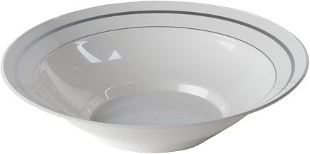 Masterpiece Plastic Dinnerware, Bowl, White/Silver, 10 oz