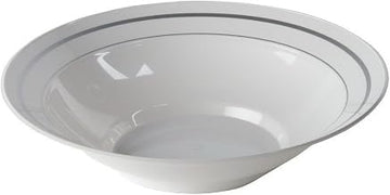 Masterpiece Plastic Dinnerware, Bowl, White/Silver, 10 oz