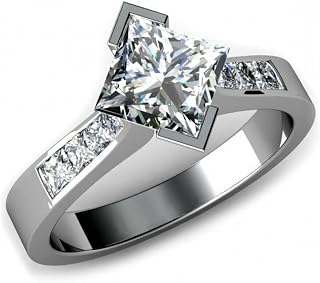 1ct Princess Cut Moissanite Accent Channel Set Engagement Ring for Women White Gold Plated