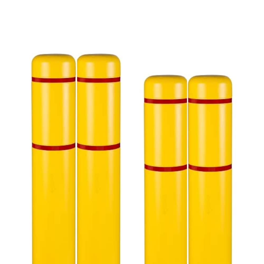 d 7" x 60" 4-Pack Bollard Cover - High Visibility - (Yellow Red Tape) - HDPE by Innoplast – 4-Pack, Yellow Red Tape, Pack of 4, Model BC760YR-4