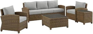 Brown Wicker Patio Furniture 5 Piece Set with Gray Cushions, Sofa, Chairs, Coffee Table and Side Table for Stylish Outdoor Patio Seating