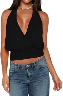Women’s Halter Neck Crop Top Deep V Neck Sleeveless Backless Wrap Cami Tank Tops Y2K Ruched Y2K Summer Going Out Tops