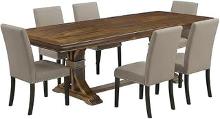 Furnifact Solid Wood 9 Piece Set Dining Furniture, Rectangular Table with Upholstered Parson Chairs for Kitchen Dining Room, Light Tan