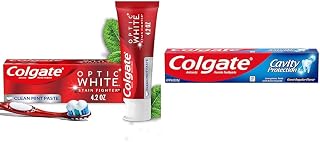 Colgate Optic White Stain Fighter Whitening Toothpaste, Clean Mint Flavor, Safely Removes Surface & Cavity Protection Regular Fluoride Toothpaste, White, 6 oz