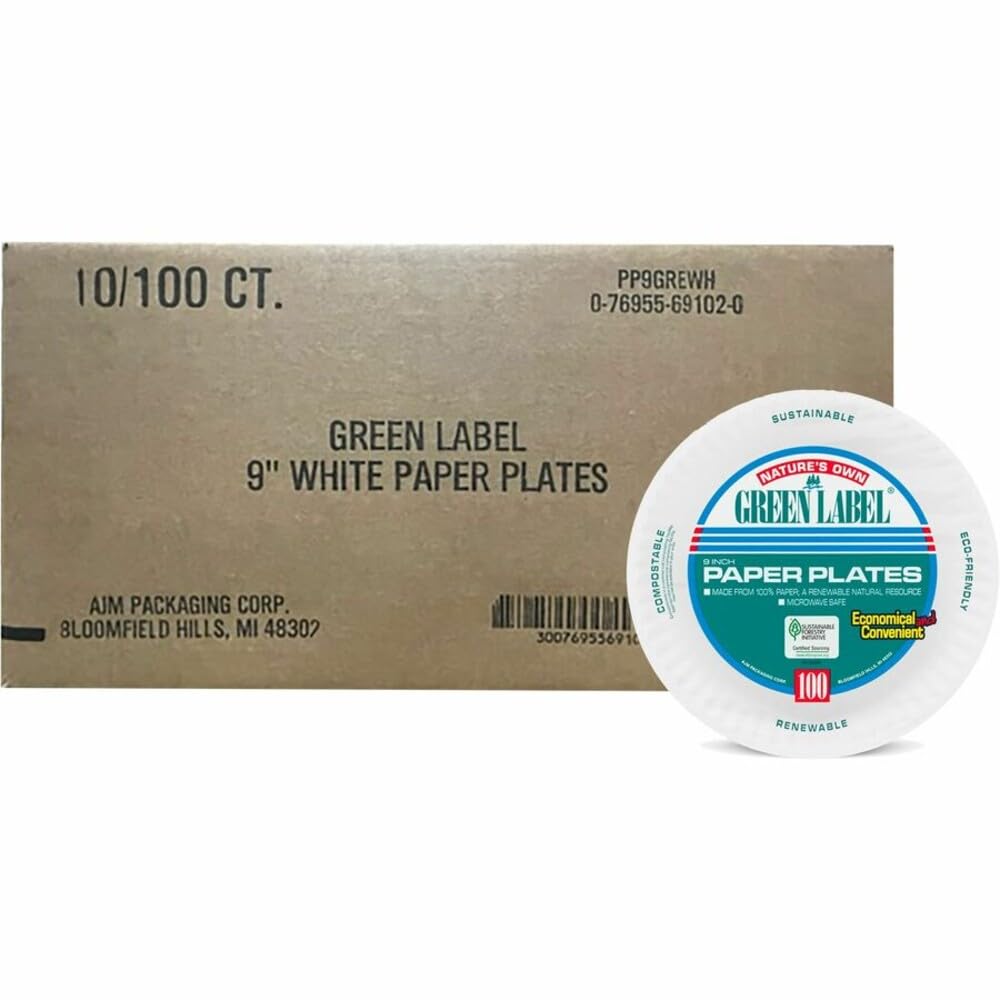 9" White Paper Plates Green Label (10 Packs of 100) by AJM Packaging – 1000 CT, Paper, White, Pack of 1000, Model PP9GREWH