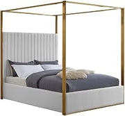 Starlight Canyon Home Vegan Leather Canopy Platform Bed, Button-Tufted King Bed Frame with Headboard and Brushed Brass Legs, White Vegan Leather