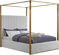 Starlight Canyon Home Vegan Leather Canopy Platform Bed, Button-Tufted King Bed Frame with Headboard and Brushed Brass Legs, White Vegan Leather