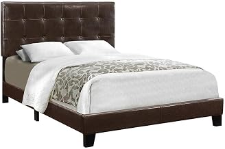 Furnifact Leather-Look Upholstered Platform Bed with Button-Tufted Headboard, Full Size Bed Frames with Wooden Slats for Bedroom, Brown,Black