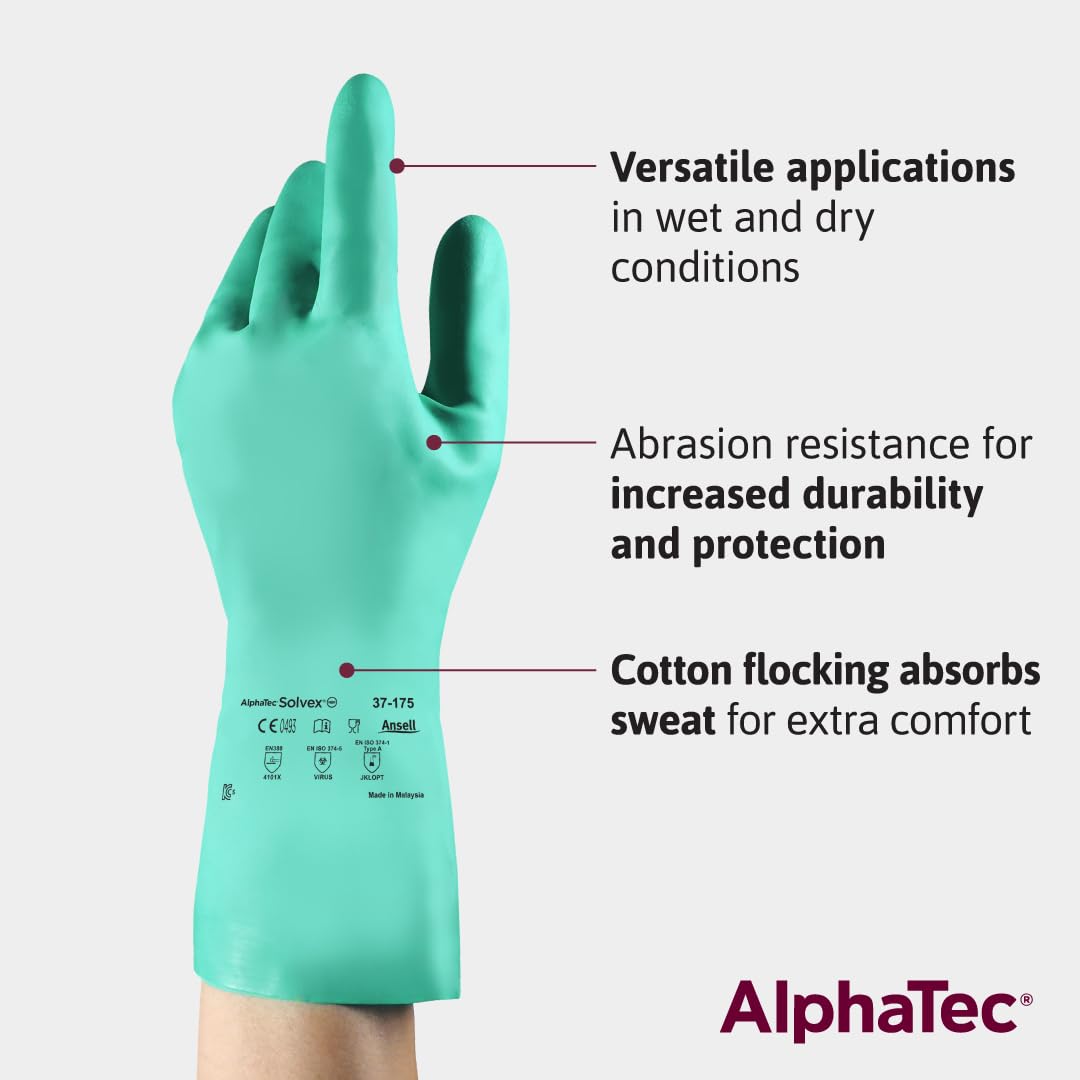 AlphaTec Solvex Vend Pack Flocked Chemical-Resistant Gloves for Cleaning by Ansell – Medium, Nitrile, Green, Pack of 144, Model 37-175