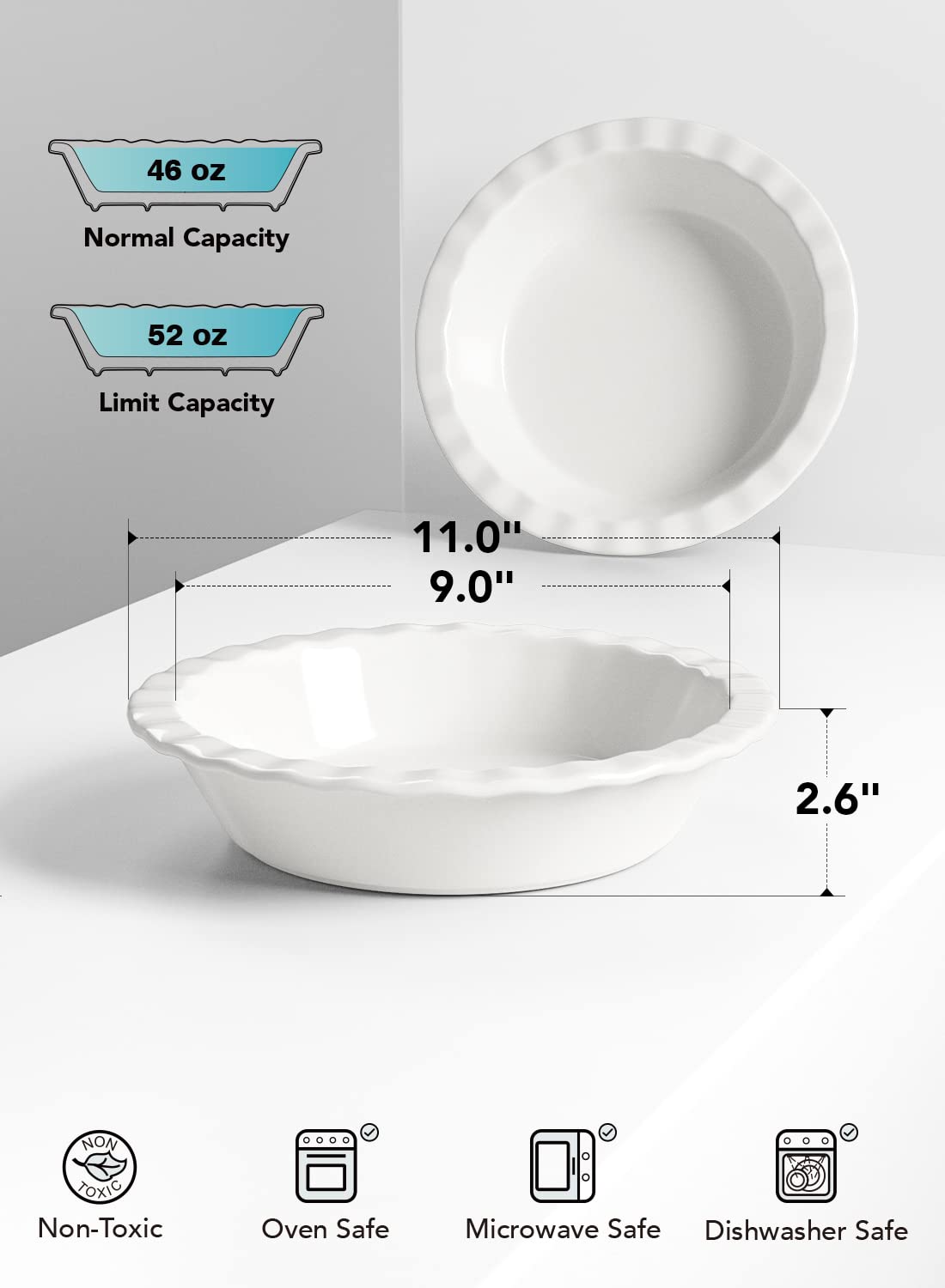 Le Tauci Ceramic Pie Dish, 9 Inch 52 Ounce Capacity, Set of 2, White