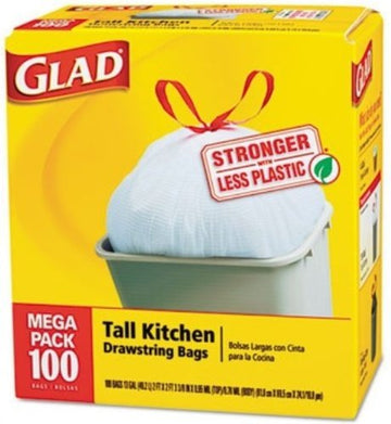 Glad® Tall Kitchen Drawstring Trash Bags, 13 gal, 0.95 mil, 24" x 27.38", Gray, 400/Carton