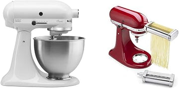 KitchenAid Classic Series 4.5 Quart Tilt-Head Stand Mixer K45SS, White & KSMPCA Pasta Cutter Attachment Set (2 Piece), One Size, Silver