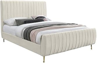 Starlight Canyon Home Velvet-Upholstered Platform Bed with Button-Tufted Panel Headboard, King Bed Frame Fully Upholstered Bedframe, Cream Velvet