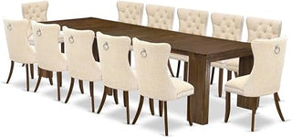 Furnifact Solid Wood Extendable Dining Table 13 Piece Set, Kitchen Table Set and Upholstered Chairs for Dining Room, Antique Walnut
