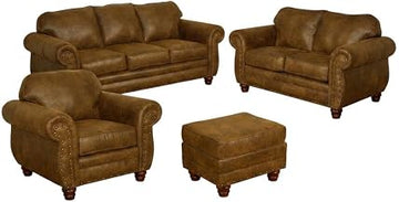 Furnifact 4 Piece Living Room Set Microfiber Upholstered Sofa Loveseat Chair and Ottoman with Solid Wood Legs, Traditional Accent Seating Set for Living Room