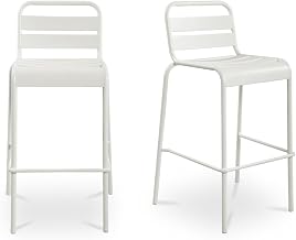 Kade Outdoor Stool, Slatted Seat and Back, All-Steel Frame, Weather Resistant, White - Set of 2