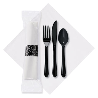 8 in x 8.5 in Wrapped Pre-rolled Linen-Like CaterWrap White Napkins with Black Cutlery 100 ct. by Hoffmaster – Pack of 100, Premium Linen-Like Material, White, Black, Model 119917