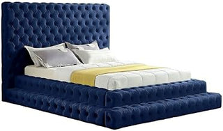 Starlight Canyon Home Fully Upholstered Queen Bed Frame with Button-Tufted Velvet Headboard and Footboard, Upholstered Platform Bed, Navy Velvet