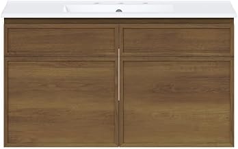 Swiss Madison St. Tropez 36" Wall-Mounted Bathroom Vanity in Brown Oak with 3-Hole Widespread Sink Top