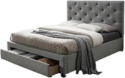 King Platform Bed, Gray Linen-Like Upholstered Frame, Button-Tufted Headboard, Built-in Underbed Storage Drawer, Sturdy Wood Construction, Transitional Style Bedroom Furniture