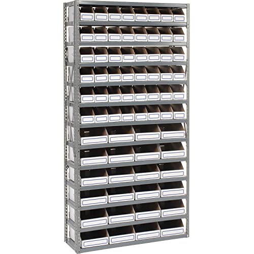 Open Bin Shelving w/13 Shelves & 72 White Bins by Global Industrial – 12"L x 36"W x 73"H, Alloy Steel, Grey, Model 235006