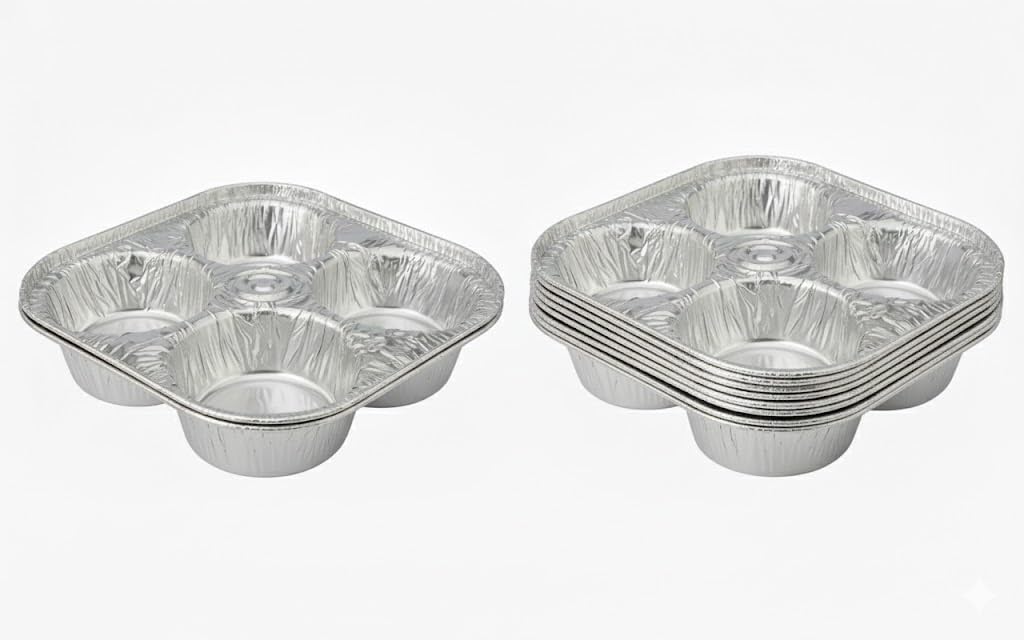 4-Cavity Cup Aluminum Foil Muffin Cupcake Pan - Disposable Baking Tin (Pack of 25) by Handi-Foil – 8-1/4" L x 8-1/4" W x 1-13/16" D, 5.25 fluid_ounces, Silver, Model 4055-30