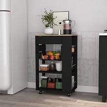 FM FURNITURE Shelton Kitchen Cart 2 Open Shelves, Drawer, Casters, and Open Rack, Black/Light Oak