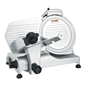 10' Gravity-Feed Meat Slicer by Global Solutions – 18 7/8 in. W x 14 5/8 in. D x 14 1/4 in. H, Stainless Steel, Silver, Model GS1601