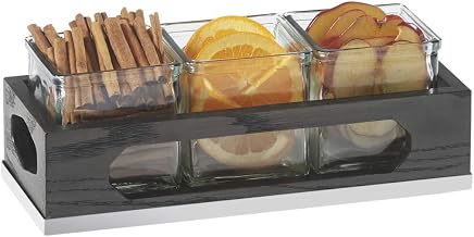 Cinderwood Collection – Jar Display – 12.75W x 5D x 5.125H – Dark Stained Oak, 3 Glass Jars, Mirror Metal Base