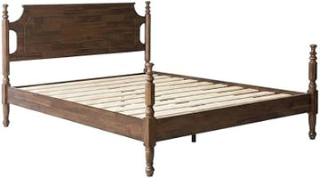 Furnifact Solid Wood Queen Platform Bed Frame with Headboard Bedframe Queen Size Wood Bed Frames, Walnut