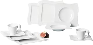 Villeroy & Boch NewWave Basic Dinnerware Set, Creamy White, 30 Piece | Porcelain dinnerware set, NewWave wave design, dishwasher and microwave safe, complete for breakfast through dinner