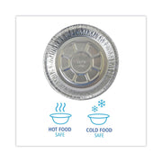 7 in. x 1.46 in. 24 oz. Round Aluminum to-Go Containers - Silver (500/Carton) by Boardwalk – 7 inches in diameter x 1.46 inches in height, 24.0 ounces, Aluminum, Model BWKROUND7