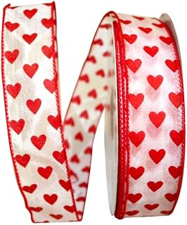Reliant Ribbon Sheer Hearts Value Wired Edge Ribbon, 1-1/2 Inch X 50 Yards, White/red
