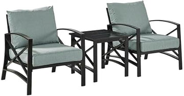 Gray 3-Piece Outdoor Furniture Set, Steel Frame, Cushioned Seats, Side Table, Arm & Backrest, Oil-Rubbed Bronze Finish