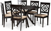 Sadie Modern and Contemporary Sand Fabric and Dark Brown Finished Wood 7-PIECE Dining S