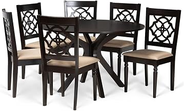 Sadie Modern and Contemporary Sand Fabric and Dark Brown Finished Wood 7-PIECE Dining S