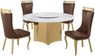 5 Piece White Marble Dining Set with Stainless Steel Base