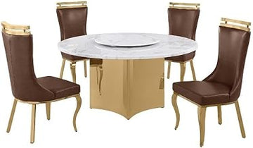 5 Piece White Marble Dining Set with Stainless Steel Base