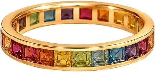 Rainbow Multi Gemstone Eternity Band Ring for Women Princess Cut Channel Set Colorful Stones 14K Yellow Gold Stackable Wedding Band Pride Anniversary Statement Jewelry Gift for Her