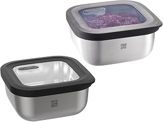 GEFU Set of 2 Provido food storage containers, stainless steel storage containers, 400 ml | Microwave-safe, airtight and leak-proof - ideal as a meal prep box or freezer container with QR freshness control