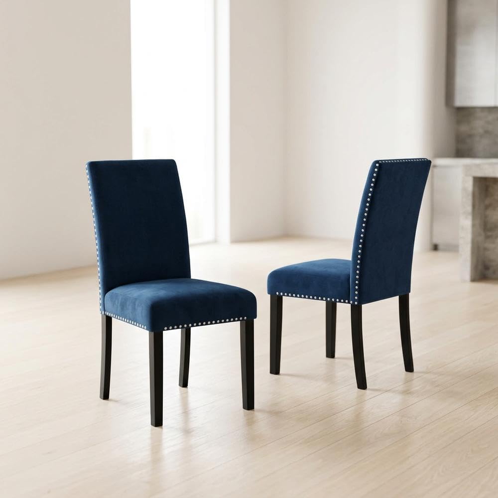 Velvet-Upholstered Dining Chair with Wood Legs by Starlight Canyon Home – Wood, Blue, Pack of 2